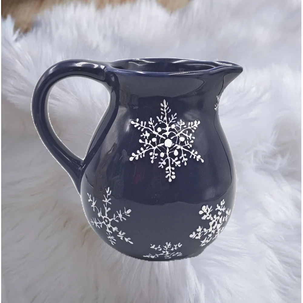 Navy Blue Ceramic Pitcher with White Snow Flakes